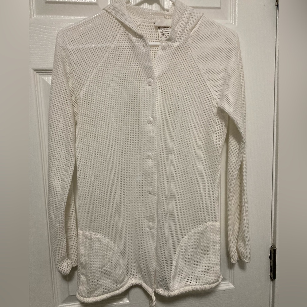 Blueprint White Sheer Mesh Button-Up Hooded Cardigan